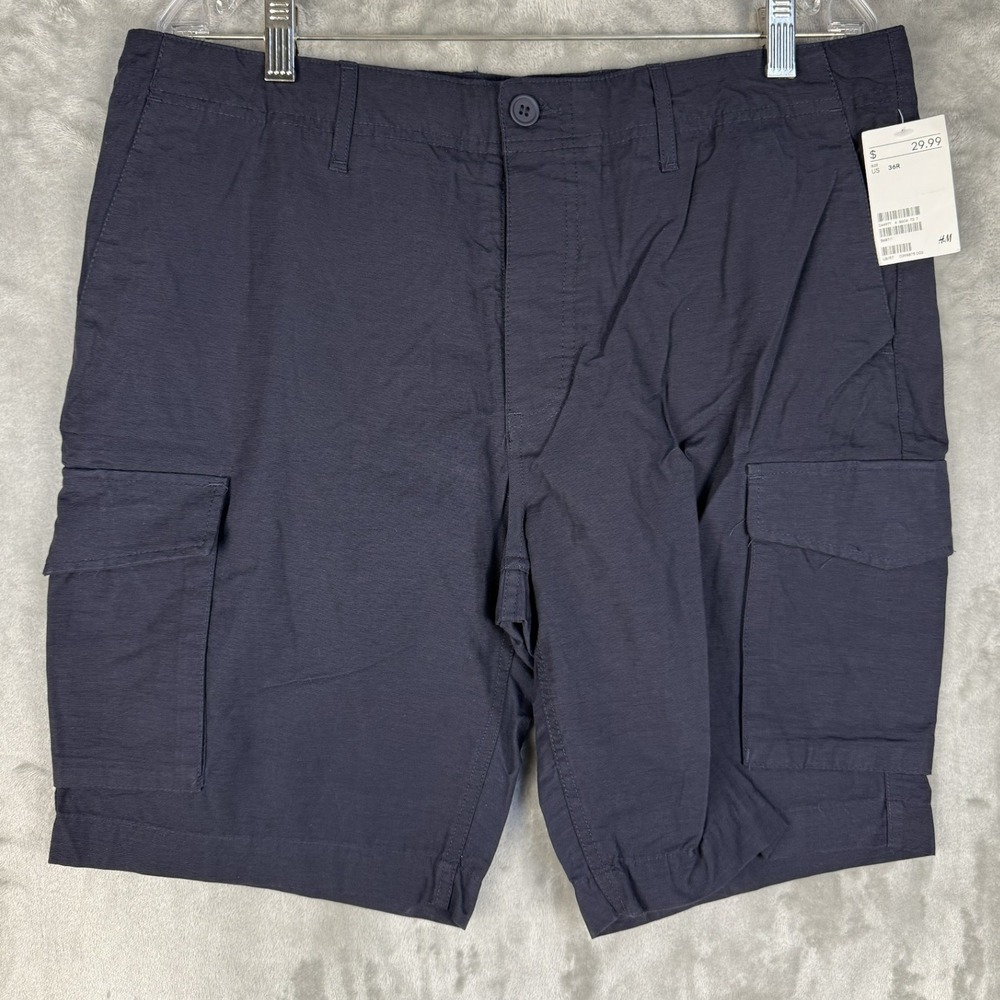 H&M Mens Slim Fit Cargo Shorts Navy Blue‎ Size 36R Flat Front Pockets